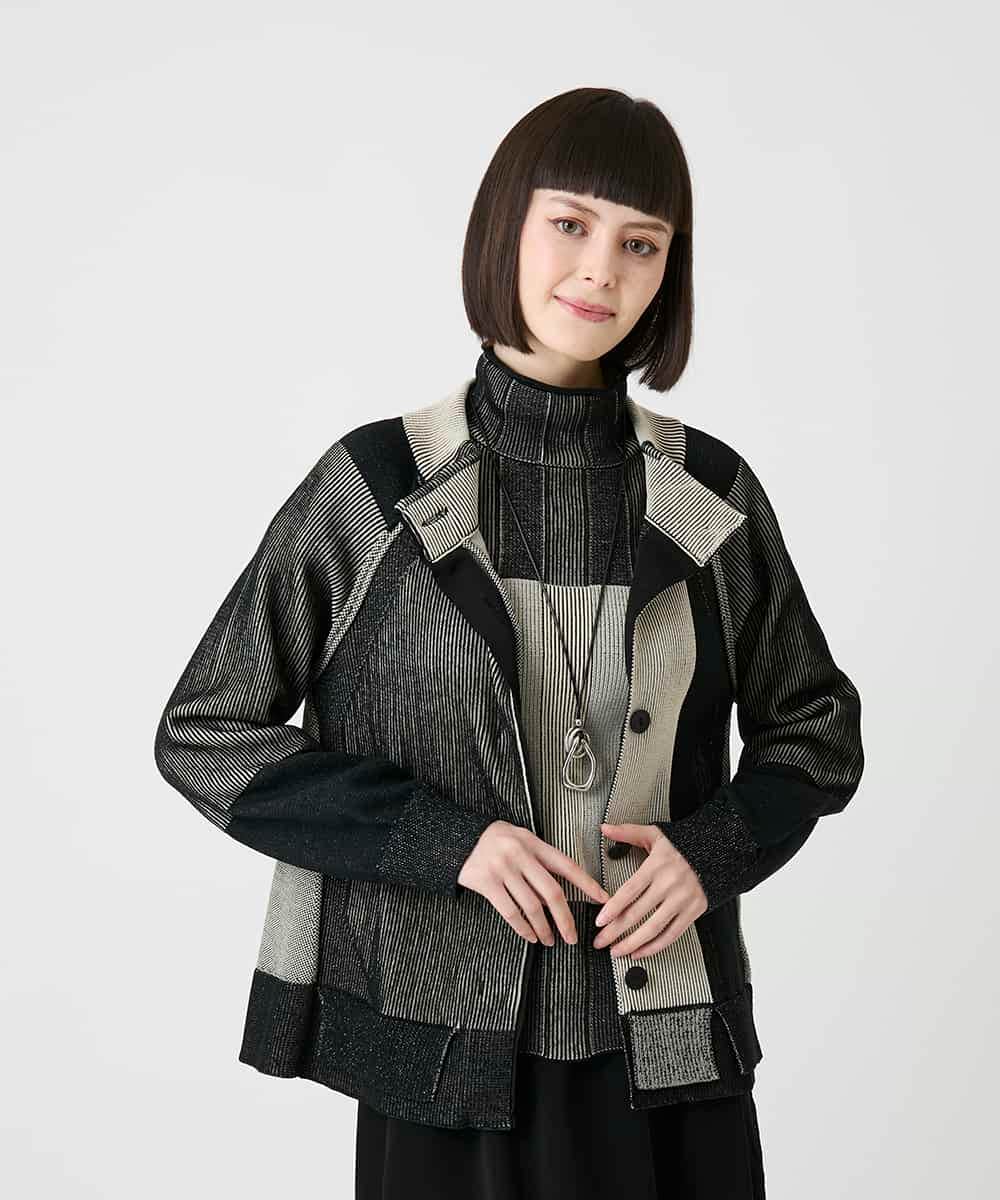 R6FLE20390 HIROKO BIS(小さいサイズ)(メゾン ドゥ サンク) 【小さいサイズ】切り替え配色ニットカーディガン ブラック