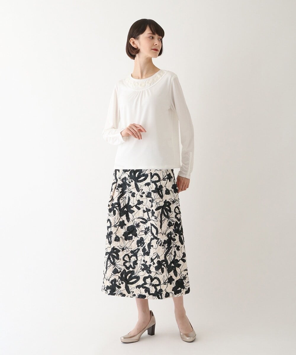 R6HAV45330 HIROKO BIS(小さいサイズ)(メゾン ドゥ サンク) 【小さいサイズ/洗える】フクレジャカードフラワープリントスカート ベージュ系