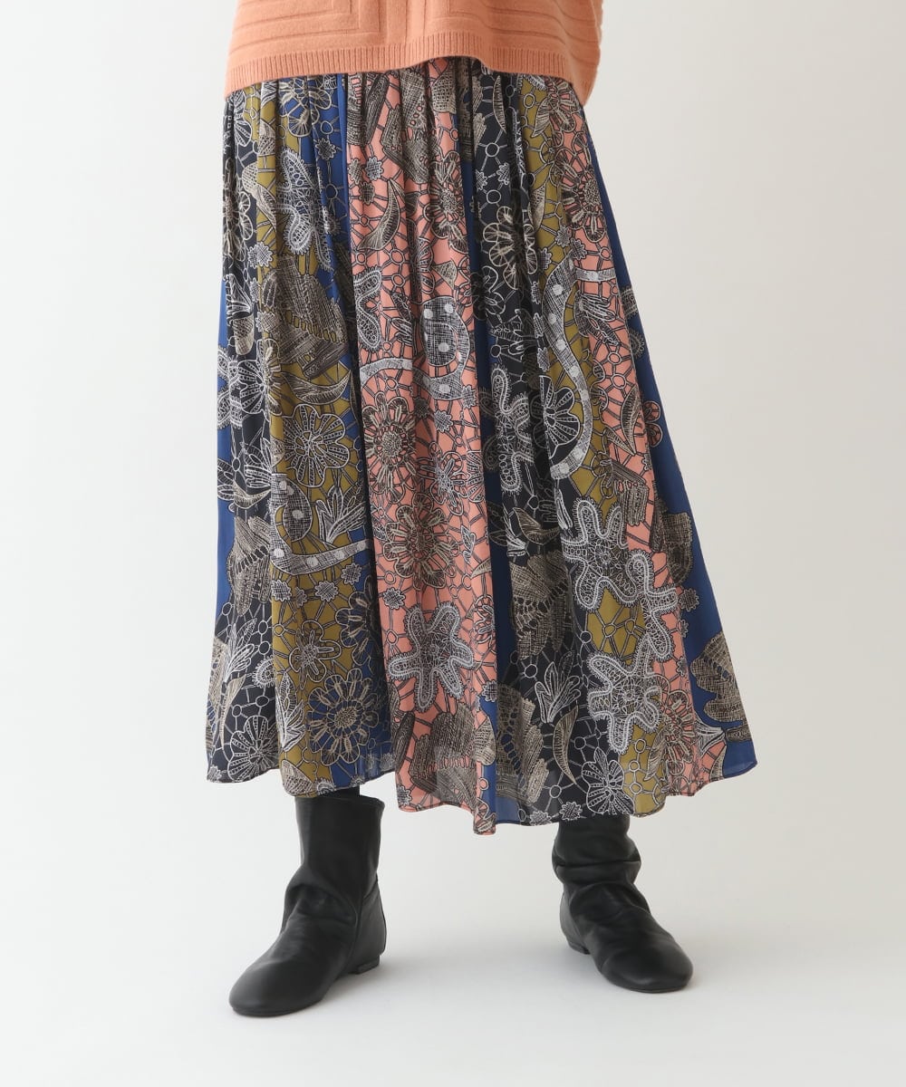 小さいサイズ/洗濯機で洗える】レースプリントギャザーフレアスカート  