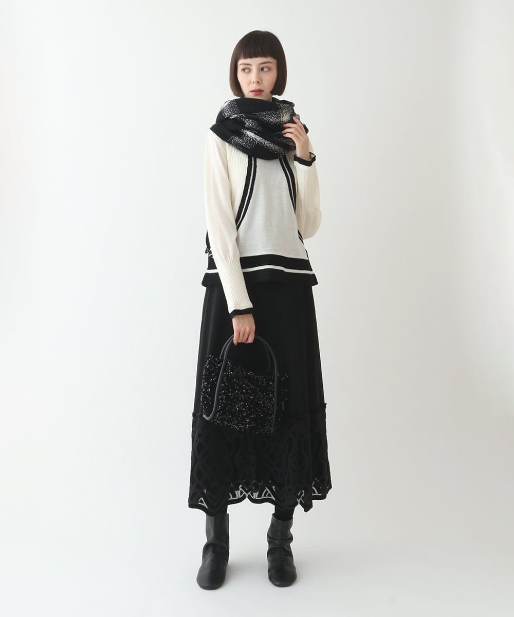 R6HAX16330 HIROKO BIS(小さいサイズ)(メゾン ドゥ サンク) 【小さいサイズ/洗える】ベロア刺繍レースフレアスカート ブラック