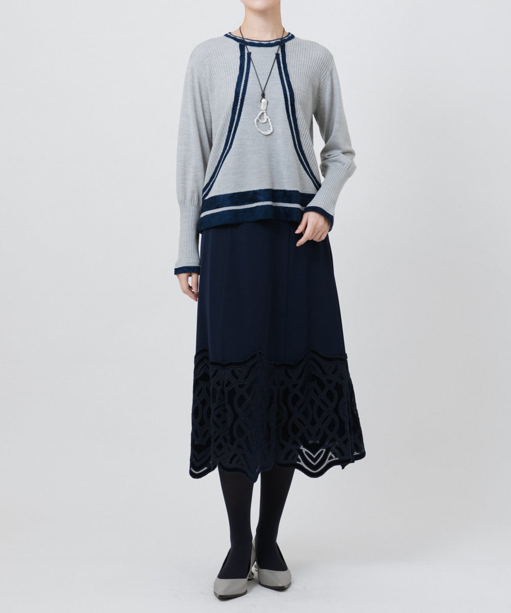 【小さいサイズ/洗える】ベロア刺繍レースフレアスカート