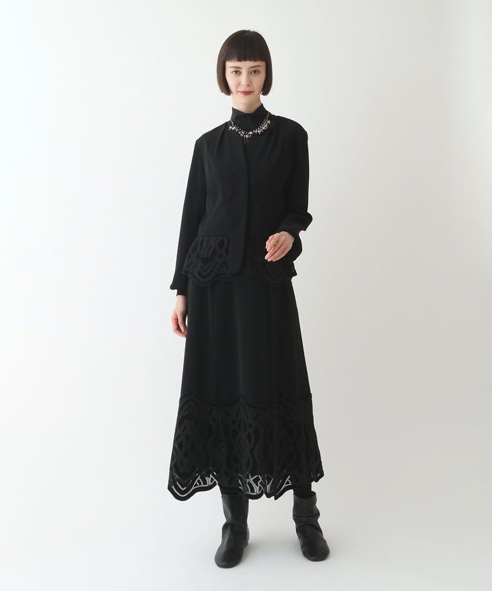 R6HAX16330 HIROKO BIS(小さいサイズ)(メゾン ドゥ サンク) 【小さいサイズ/洗える】ベロア刺繍レースフレアスカート ブラック