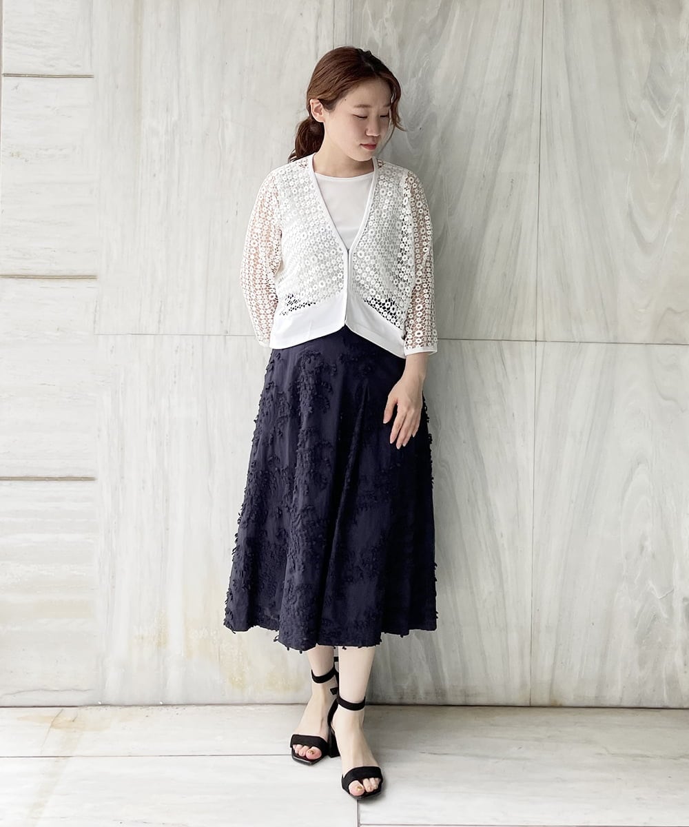 R6HGQ16290 HIROKO BIS(小さいサイズ)(メゾン ドゥ サンク) 【小さいサイズ/洗える】立体刺繍フレアスカート グリーン