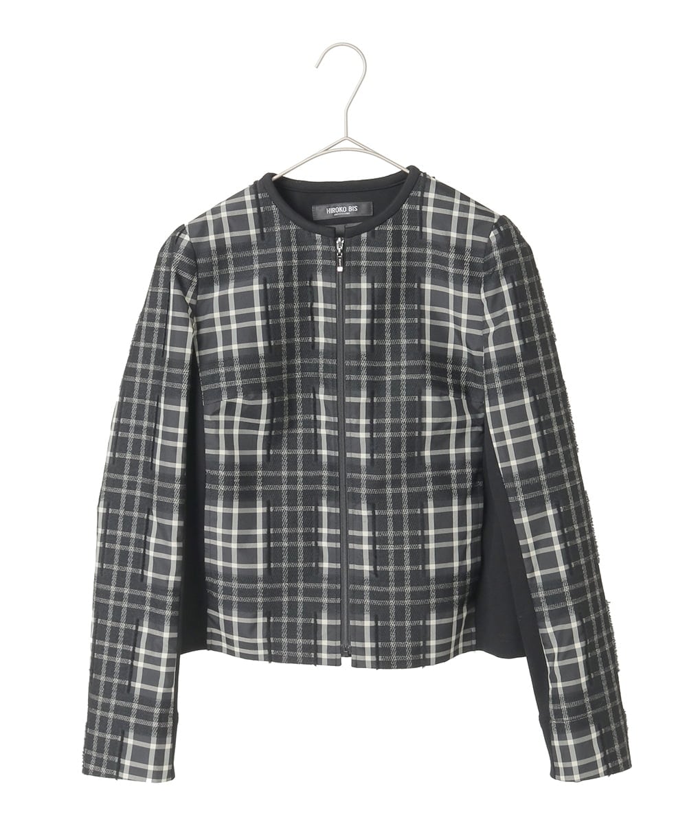 R6JAE50430 HIROKO BIS(小さいサイズ)(メゾン ドゥ サンク) 【小さいサイズ】チェックジャカードジップアップジャケット ブラック