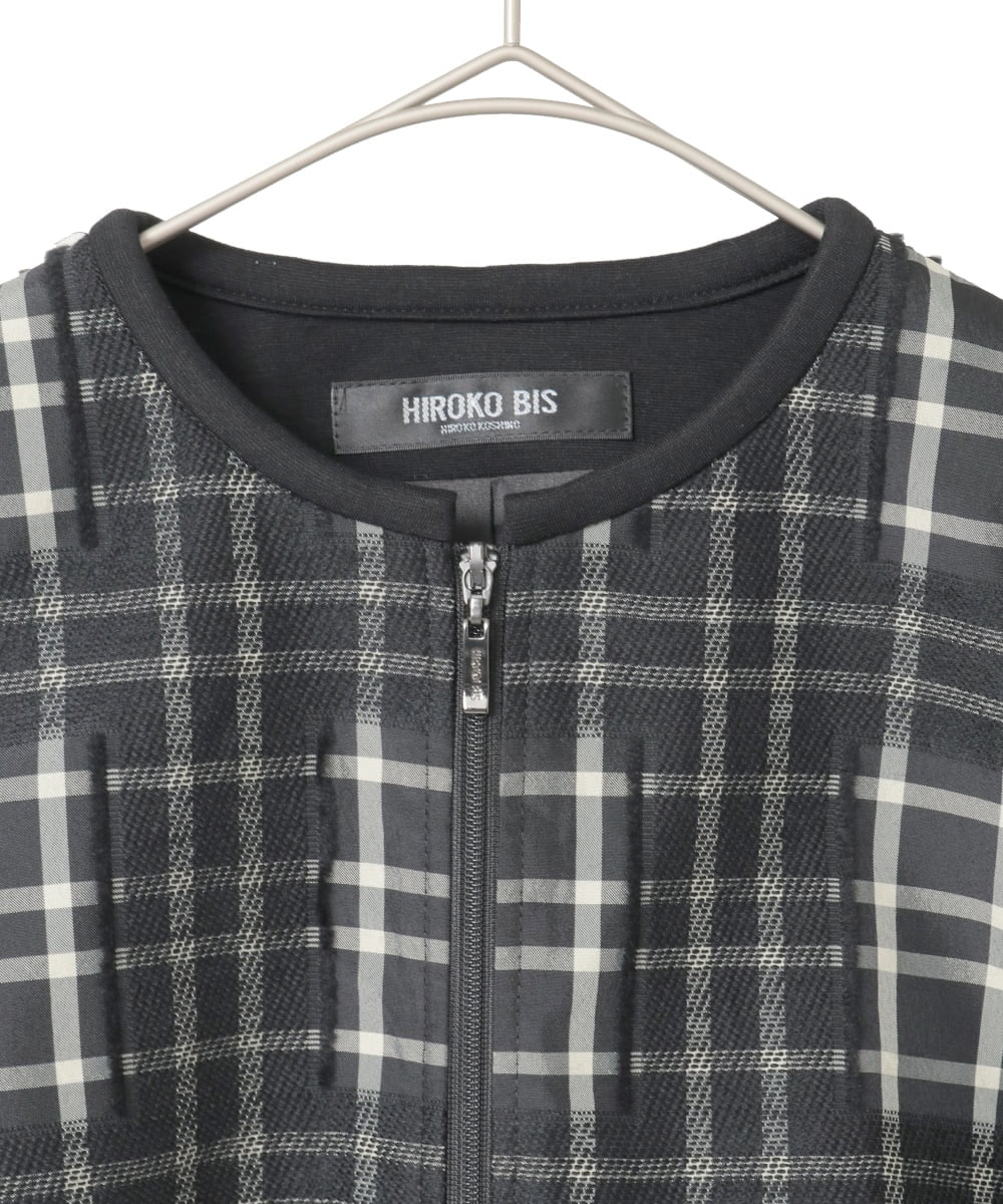 R6JAE50430 HIROKO BIS(小さいサイズ)(メゾン ドゥ サンク) 【小さいサイズ】チェックジャカードジップアップジャケット ブラック