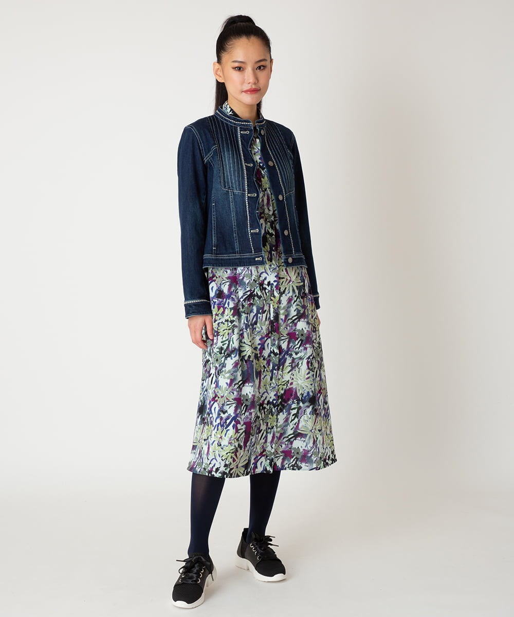 R6JED10330 HIROKO BIS(小さいサイズ)(メゾン ドゥ サンク) ピンタックデニムジャケット ネイビー