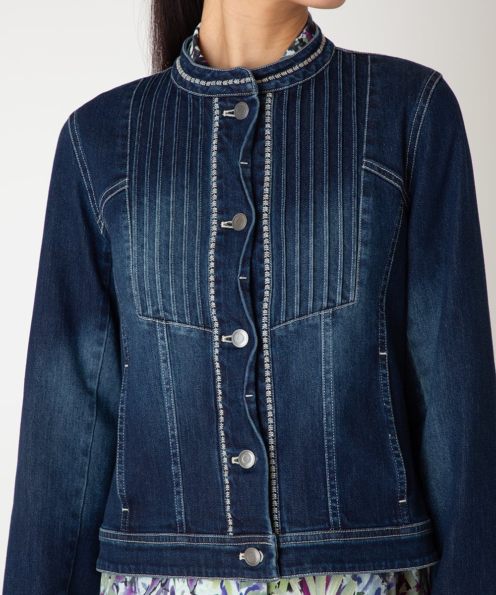 R6JED10330 HIROKO BIS(小さいサイズ)(メゾン ドゥ サンク) ピンタックデニムジャケット ネイビー