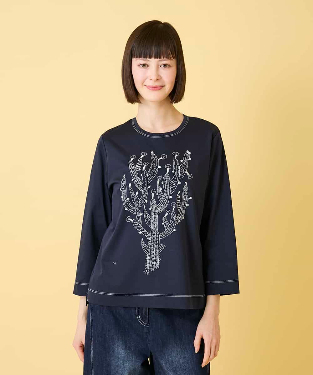 R6KED22190 HIROKO BIS(小さいサイズ)(メゾン ドゥ サンク) 【小さいサイズ】サボテン刺繍コットンTシャツ ネイビー