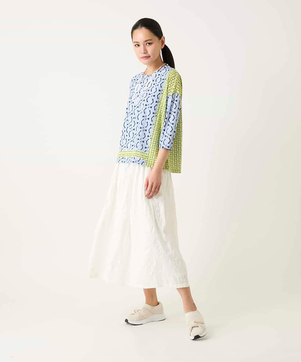 R6KFD40190 HIROKO BIS(小さいサイズ)(メゾン ドゥ サンク) 【小さいサイズ】幾何デザインボックスシルエットブラウス グリーン系