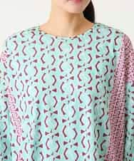 R6KFD40190 HIROKO BIS(小さいサイズ)(メゾン ドゥ サンク) 【小さいサイズ】幾何デザインボックスシルエットブラウス グリーン系