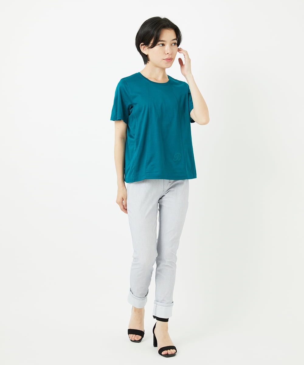 R6KGA11180 HIROKO BIS(小さいサイズ)(メゾン ドゥ サンク) 【小さいサイズ】カーブ切り替えコットンカットソー ブルーグリーン