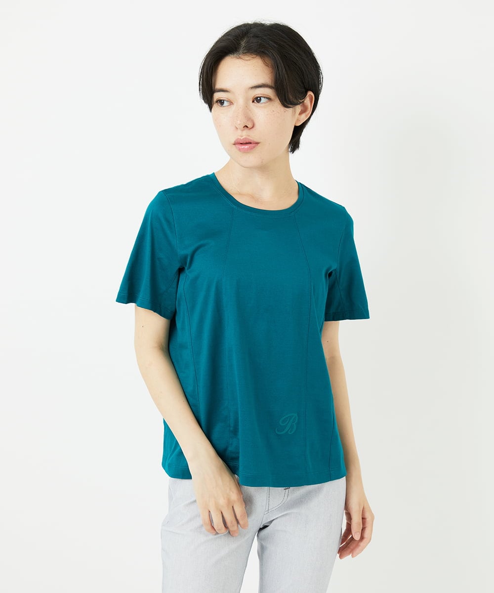 R6KGA11180 HIROKO BIS(小さいサイズ)(メゾン ドゥ サンク) 【小さいサイズ】カーブ切り替えコットンカットソー ブルーグリーン