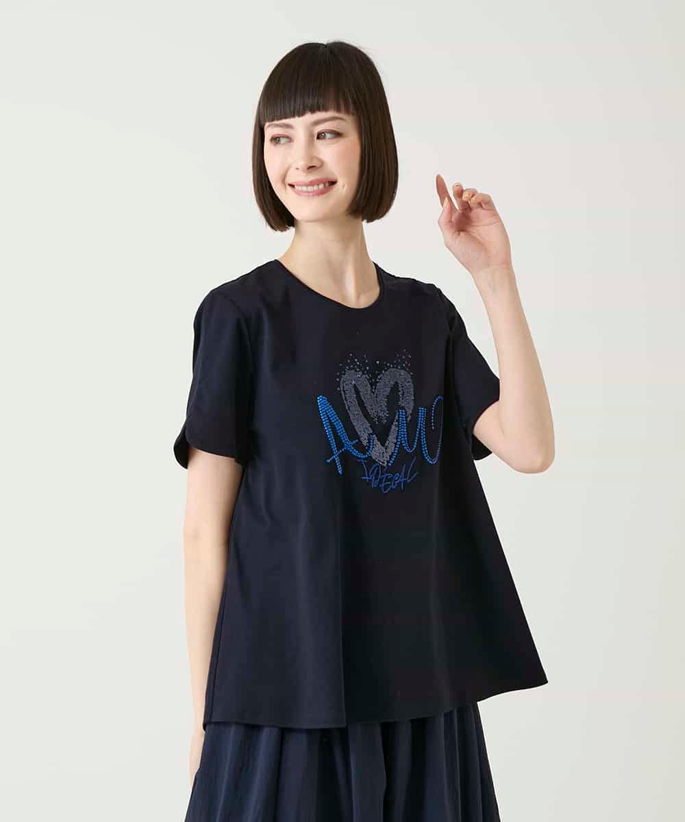 R6KGE25210 HIROKO BIS(小さいサイズ)(メゾン ドゥ サンク) 【小さいサイズ】スパンコールハートデザインカットソー ネイビー