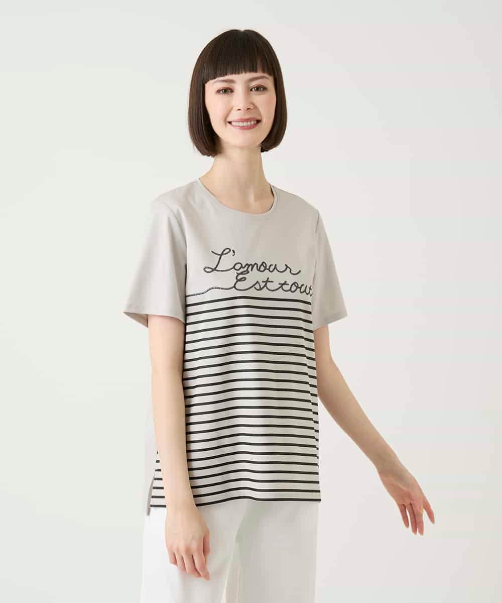 R6KGE45230 HIROKO BIS(小さいサイズ)(メゾン ドゥ サンク) 【小さいサイズ】ラメロゴ刺繍ボーダーカットソー ライトグレー