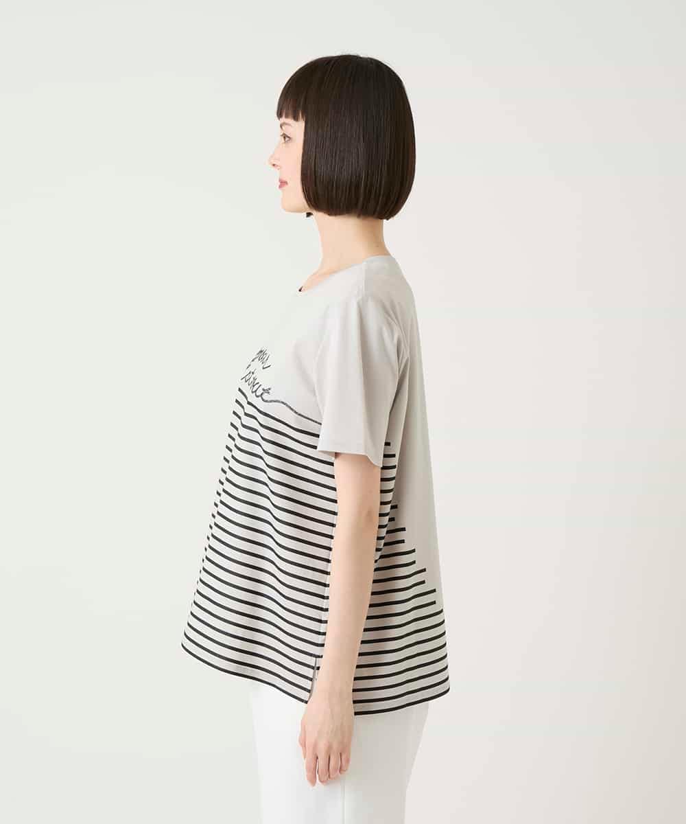 R6KGE45230 HIROKO BIS(小さいサイズ)(メゾン ドゥ サンク) 【小さいサイズ】ラメロゴ刺繍ボーダーカットソー ライトグレー