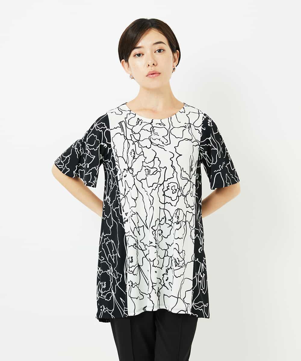 R6KIB06240 HIROKO BIS(小さいサイズ)(メゾン ドゥ サンク) 【小さいサイズ】カトレア柄バイカラーデザインチュニック  ホワイト