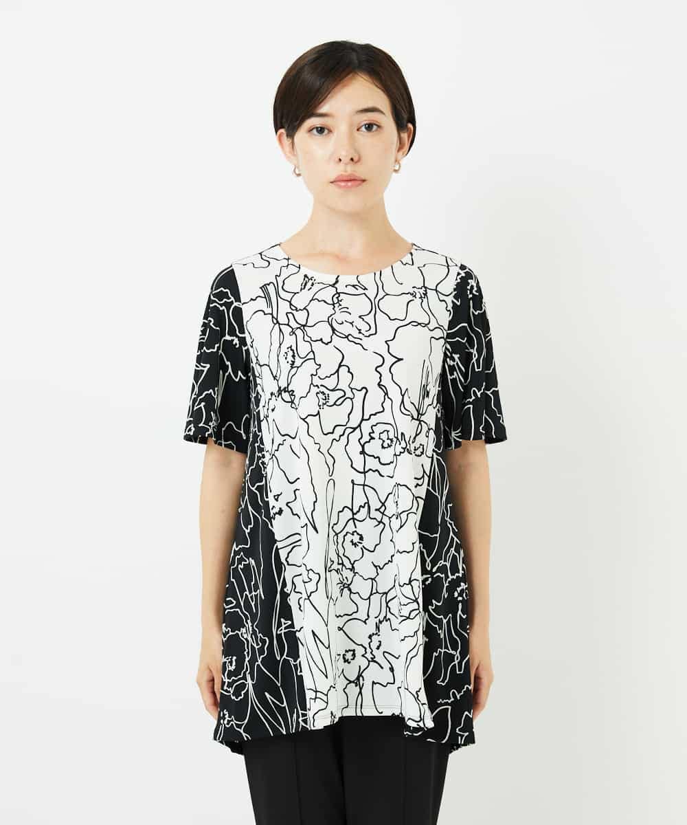 R6KIB06240 HIROKO BIS(小さいサイズ)(メゾン ドゥ サンク) 【小さいサイズ】カトレア柄バイカラーデザインチュニック  ホワイト