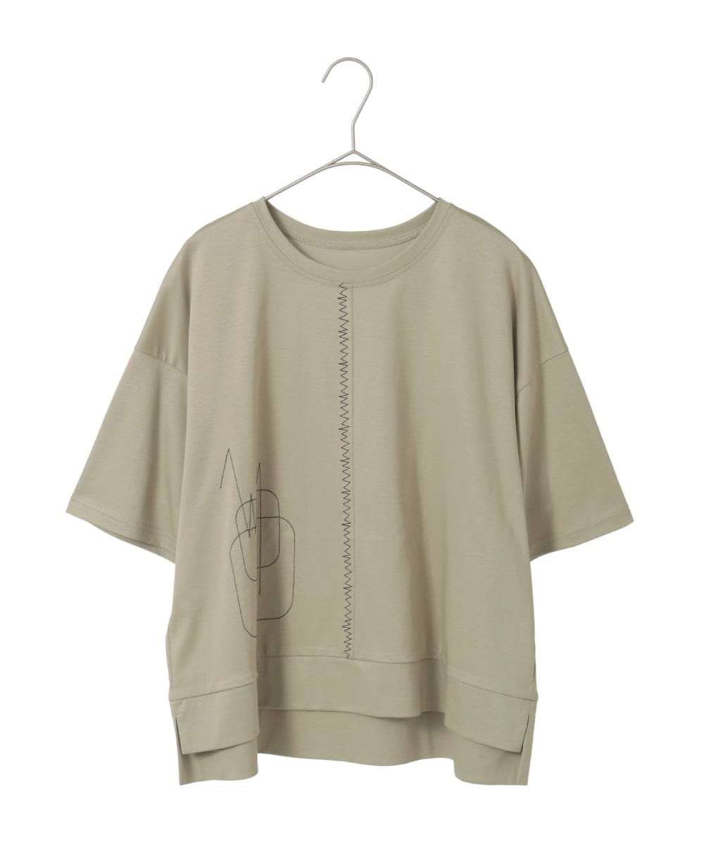 R6KIE10190 HIROKO BIS(小さいサイズ)(メゾン ドゥ サンク) 【小さいサイズ/接触冷感】ミシンステッチボクシーシルエットTシャツ カーキ