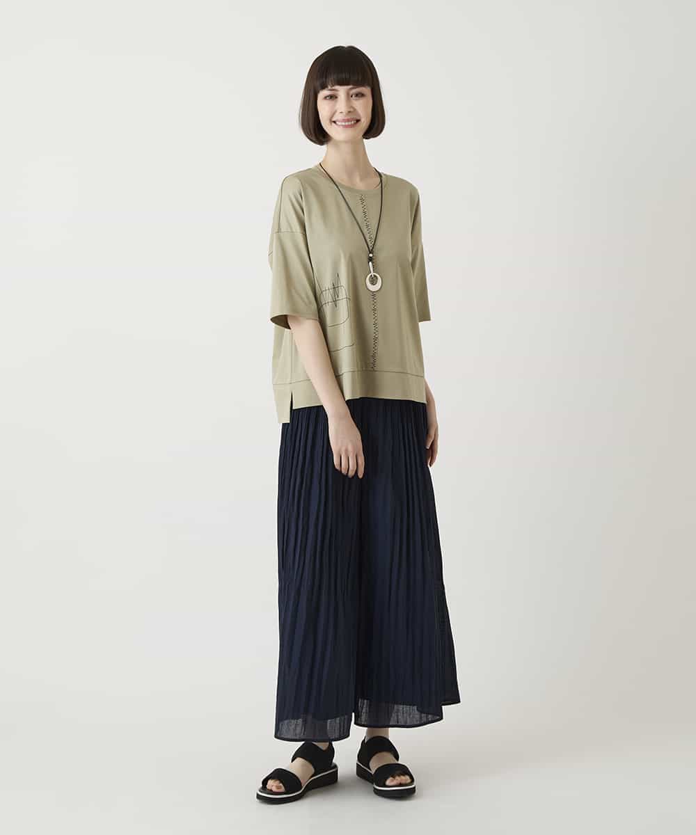 R6KIE10190 HIROKO BIS(小さいサイズ)(メゾン ドゥ サンク) 【小さいサイズ/接触冷感】ミシンステッチボクシーシルエットTシャツ カーキ