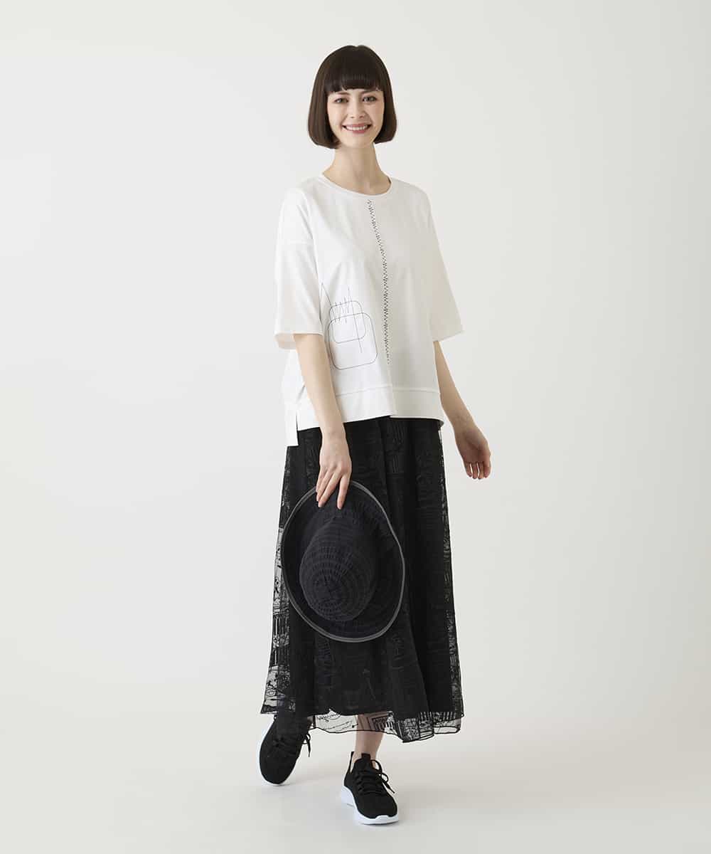 R6KIE10190 HIROKO BIS(小さいサイズ)(メゾン ドゥ サンク) 【小さいサイズ/接触冷感】ミシンステッチボクシーシルエットTシャツ カーキ