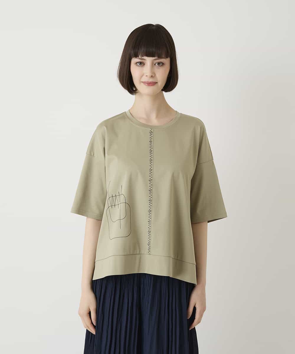 R6KIE10190 HIROKO BIS(小さいサイズ)(メゾン ドゥ サンク) 【小さいサイズ/接触冷感】ミシンステッチボクシーシルエットTシャツ カーキ