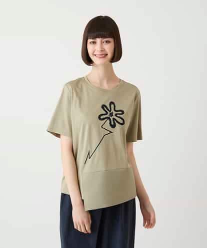 R6KIE11190 HIROKO BIS(小さいサイズ) 【小さいサイズ/接触冷感】異素材切り替えフラワー刺繍デザインTシャツ