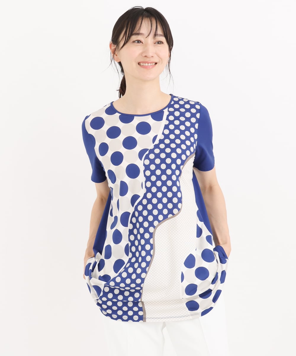 R6KIT08200 HIROKO BIS(小さいサイズ)(メゾン ドゥ サンク) 【小さいサイズ/洗濯機で洗える】ドットデザインチュニックカットソー ブルー系
