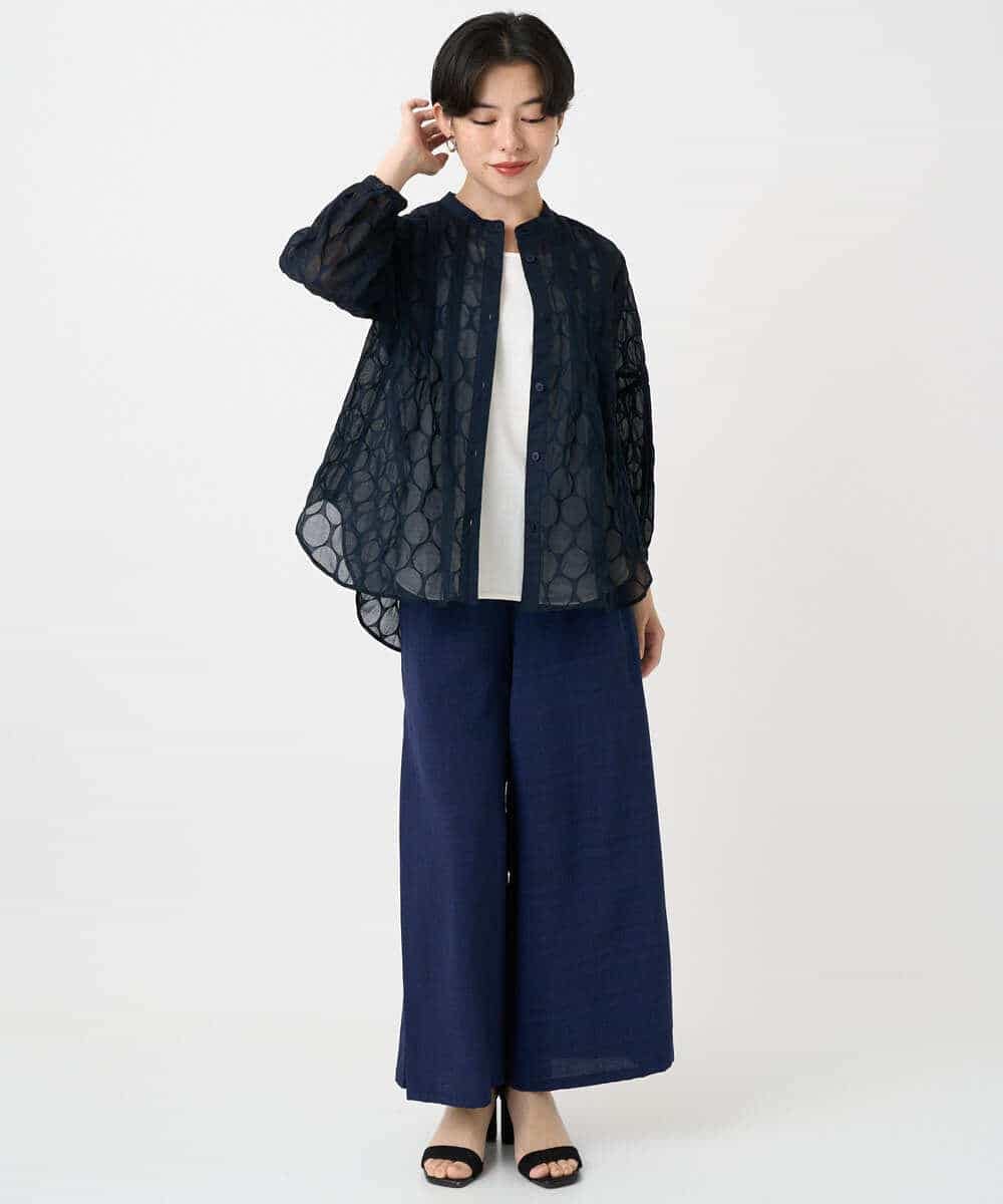 R6LHA51230 HIROKO BIS(小さいサイズ)(メゾン ドゥ サンク) 【小さいサイズ】リネンライクドライイージーワイドパンツ ネイビー