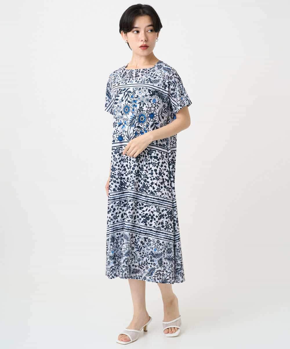R6PHA12330 HIROKO BIS(小さいサイズ)(メゾン ドゥ サンク) 【小さいサイズ】フラワープリントAラインワンピース ブルー系