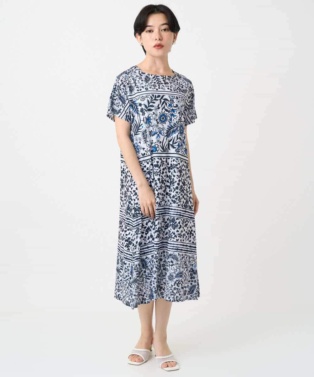 R6PHA12330 HIROKO BIS(小さいサイズ)(メゾン ドゥ サンク) 【小さいサイズ】フラワープリントAラインワンピース ブルー系