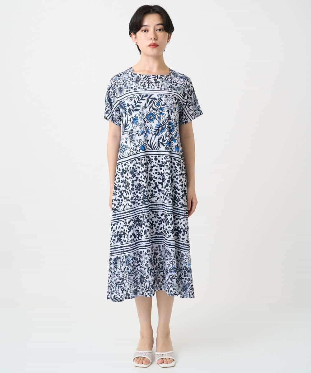 R6PHA12330 HIROKO BIS(小さいサイズ)(メゾン ドゥ サンク) 【小さいサイズ】フラワープリントAラインワンピース ブルー系