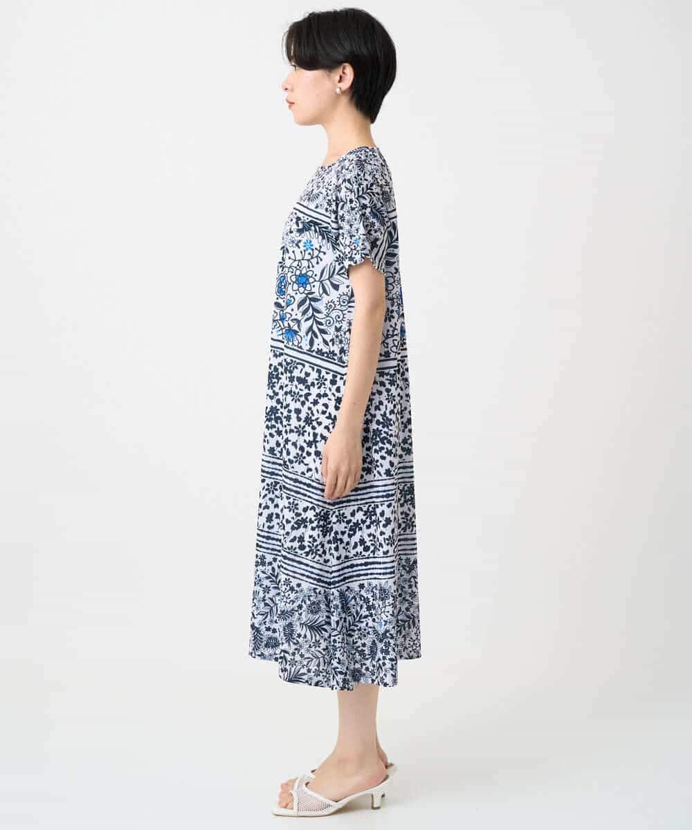 R6PHA12330 HIROKO BIS(小さいサイズ)(メゾン ドゥ サンク) 【小さいサイズ】フラワープリントAラインワンピース ブルー系