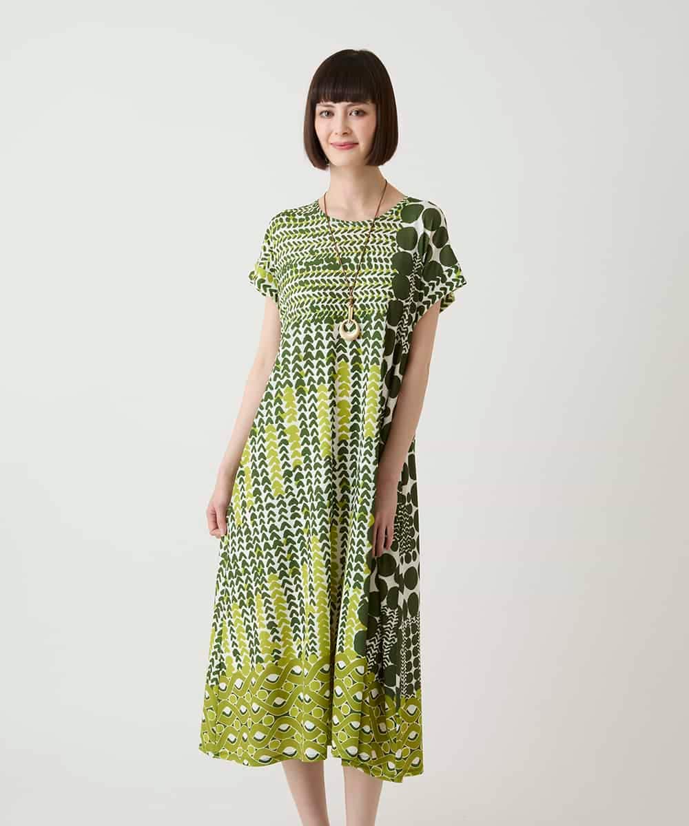 R6PIE06360 HIROKO BIS(小さいサイズ)(メゾン ドゥ サンク) 【小さいサイズ】グラフィカルデザインカットソーワンピース /洗濯機で洗える イエロー