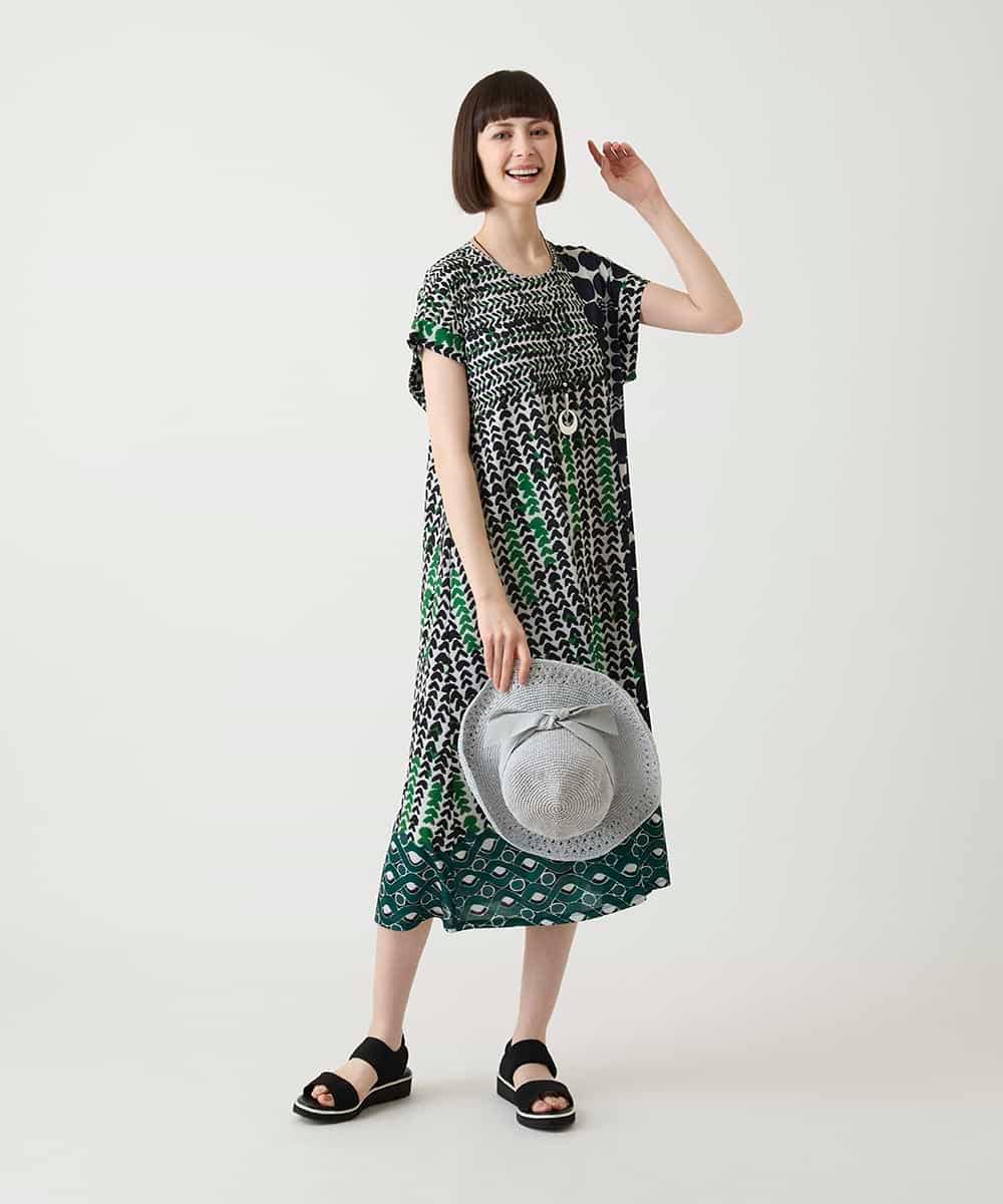 R6PIE06360 HIROKO BIS(小さいサイズ)(メゾン ドゥ サンク) 【小さいサイズ】グラフィカルデザインカットソーワンピース /洗濯機で洗える イエロー