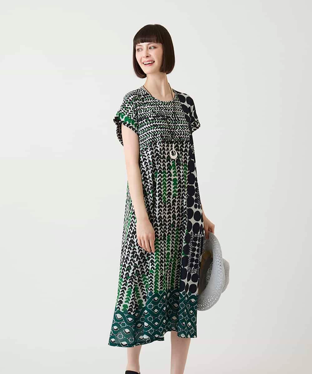 R6PIE06360 HIROKO BIS(小さいサイズ)(メゾン ドゥ サンク) 【小さいサイズ】グラフィカルデザインカットソーワンピース /洗濯機で洗える グリーン