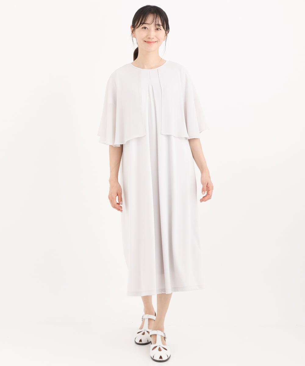 R6PIT22290 HIROKO BIS(小さいサイズ)(メゾン ドゥ サンク) 【小さいサイズ/洗える】シフォンケープジョイントワンピース ライトグレー