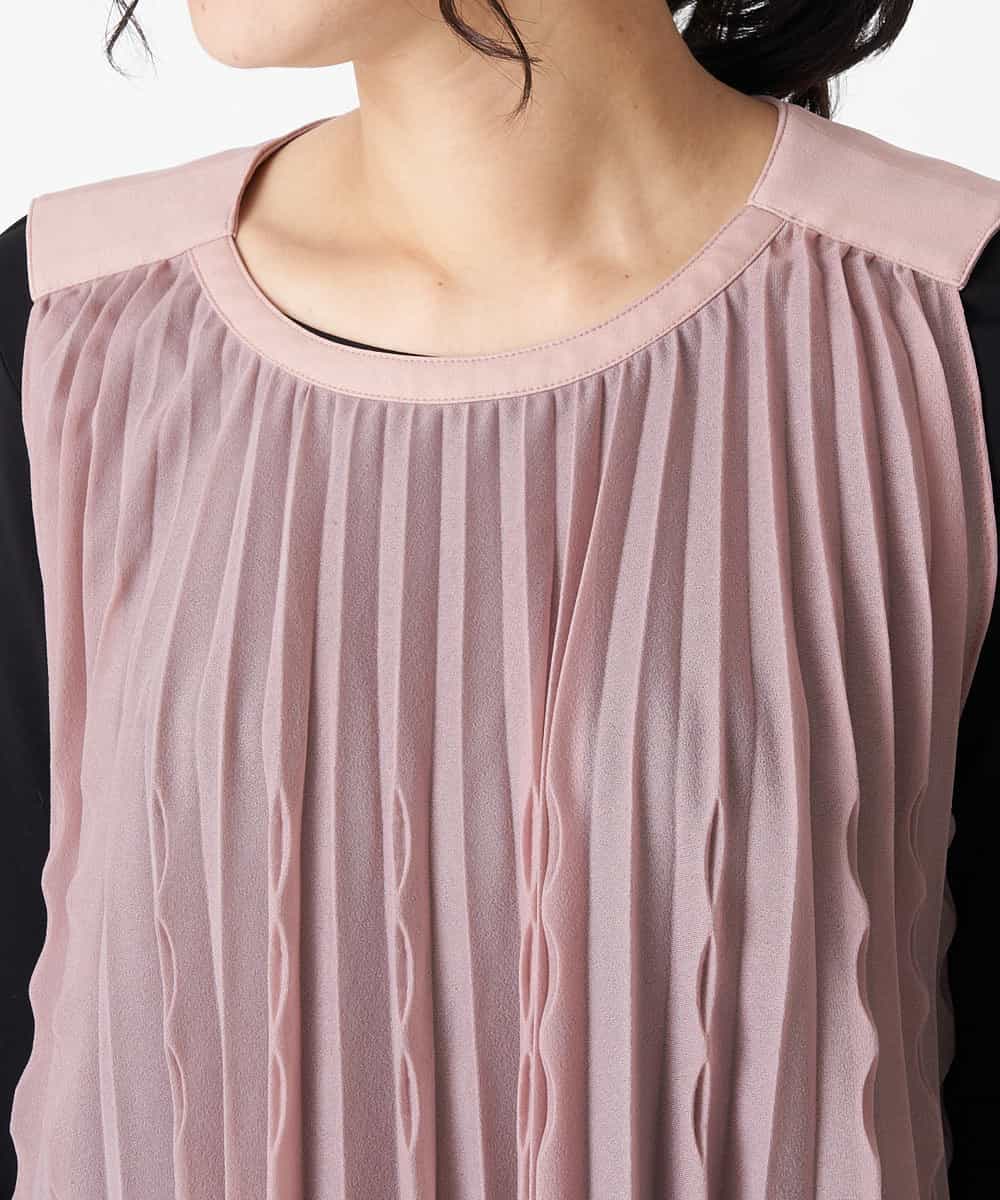RBBAT22350 HIROKO BIS(ヒロコ ビス) 【洗える】三日月プリーツノースリーブブラウス×Tシャツセット ピンク