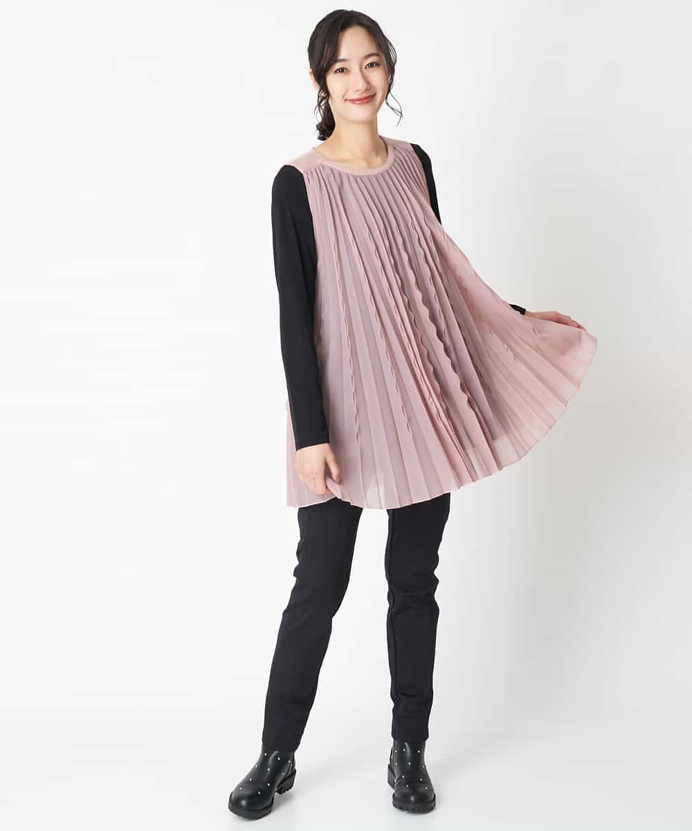 RBBAT22350 HIROKO BIS(ヒロコ ビス) 【洗える】三日月プリーツノースリーブブラウス×Tシャツセット ピンク