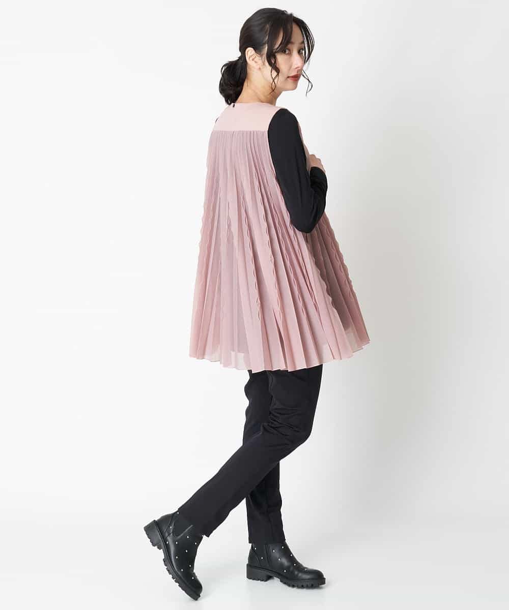 RBBAT22350 HIROKO BIS(ヒロコ ビス) 【洗える】三日月プリーツノースリーブブラウス×Tシャツセット ピンク