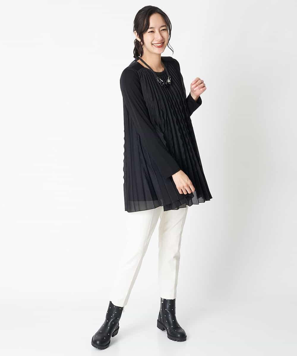 RBBAT22350 HIROKO BIS(ヒロコ ビス) 【洗える】三日月プリーツノースリーブブラウス×Tシャツセット ピンク
