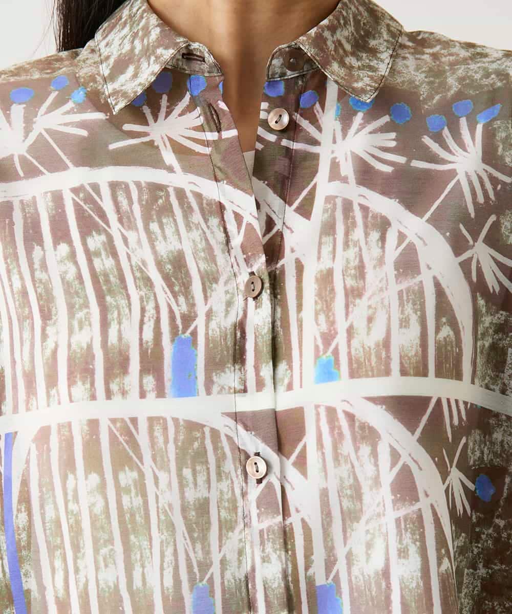RBBFD37270 HIROKO BIS(ヒロコ ビス) アートプリントオーガンジーブラウス /洗濯機で洗える ブルー