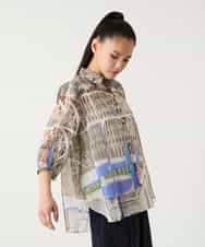 RBBFD37270 HIROKO BIS(ヒロコ ビス) アートプリントオーガンジーブラウス /洗濯機で洗える ブルー