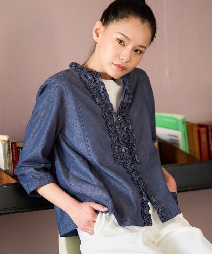 RBBFD40230 HIROKO BIS フリルアクセントダンガリーブラウス