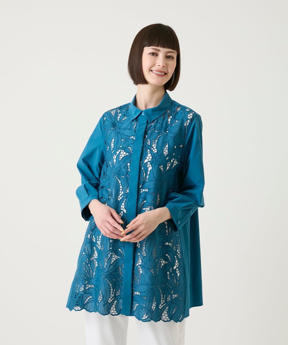 RBBGE21360 HIROKO BIS(ヒロコ ビス) フラワー刺繍コットンロングシャツ ブルー