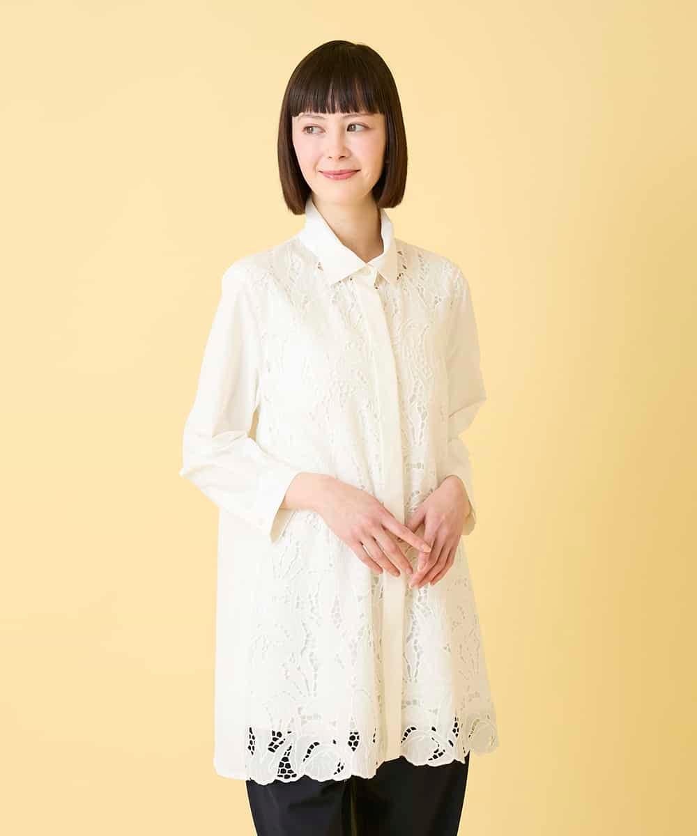 RBBGE21360 HIROKO BIS(ヒロコ ビス) 【先行予約】フラワー刺繍コットンロングシャツ ホワイト