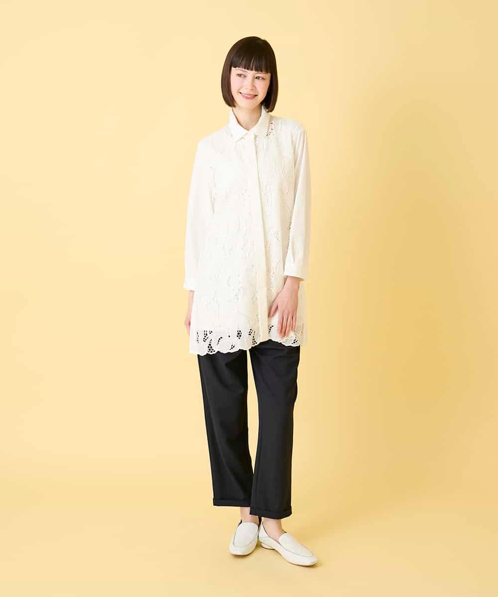 RBBGE21360 HIROKO BIS(ヒロコ ビス) 【先行予約】フラワー刺繍コットンロングシャツ ホワイト