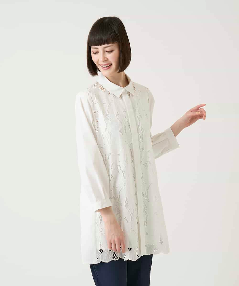 RBBGE21360 HIROKO BIS(ヒロコ ビス) フラワー刺繍コットンロングシャツ ホワイト
