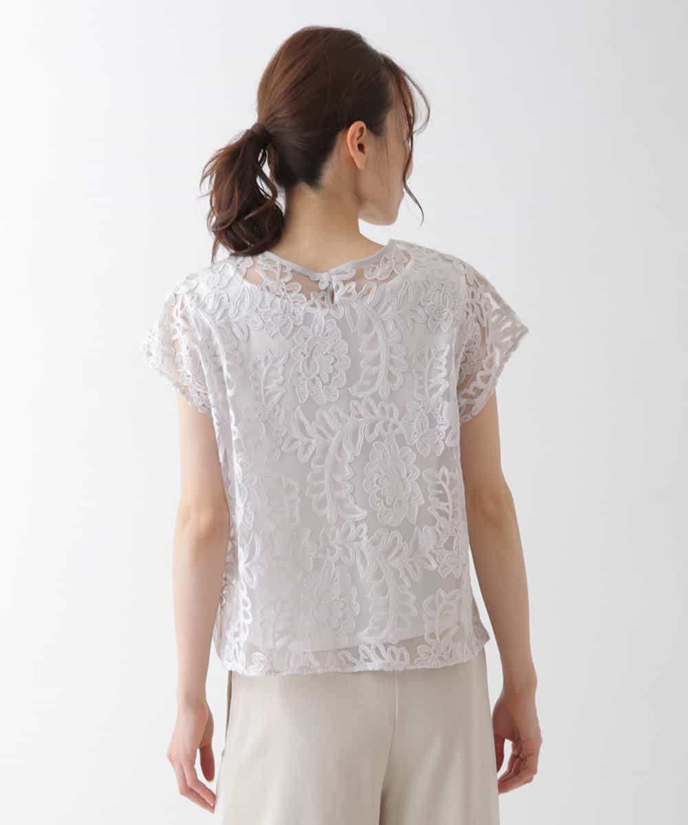 RBBHS05260 HIROKO BIS(ヒロコ ビス) 【洗える】フラワー刺繍チュールブラウス ライトグレー