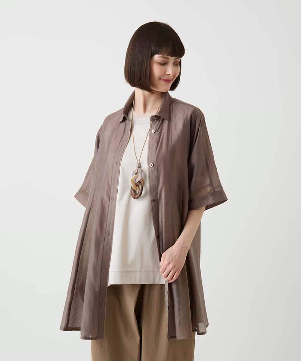RBBIE03270 HIROKO BIS(ヒロコ ビス) メッシュアクセントシアーチュニックシャツ /洗える ブラウン