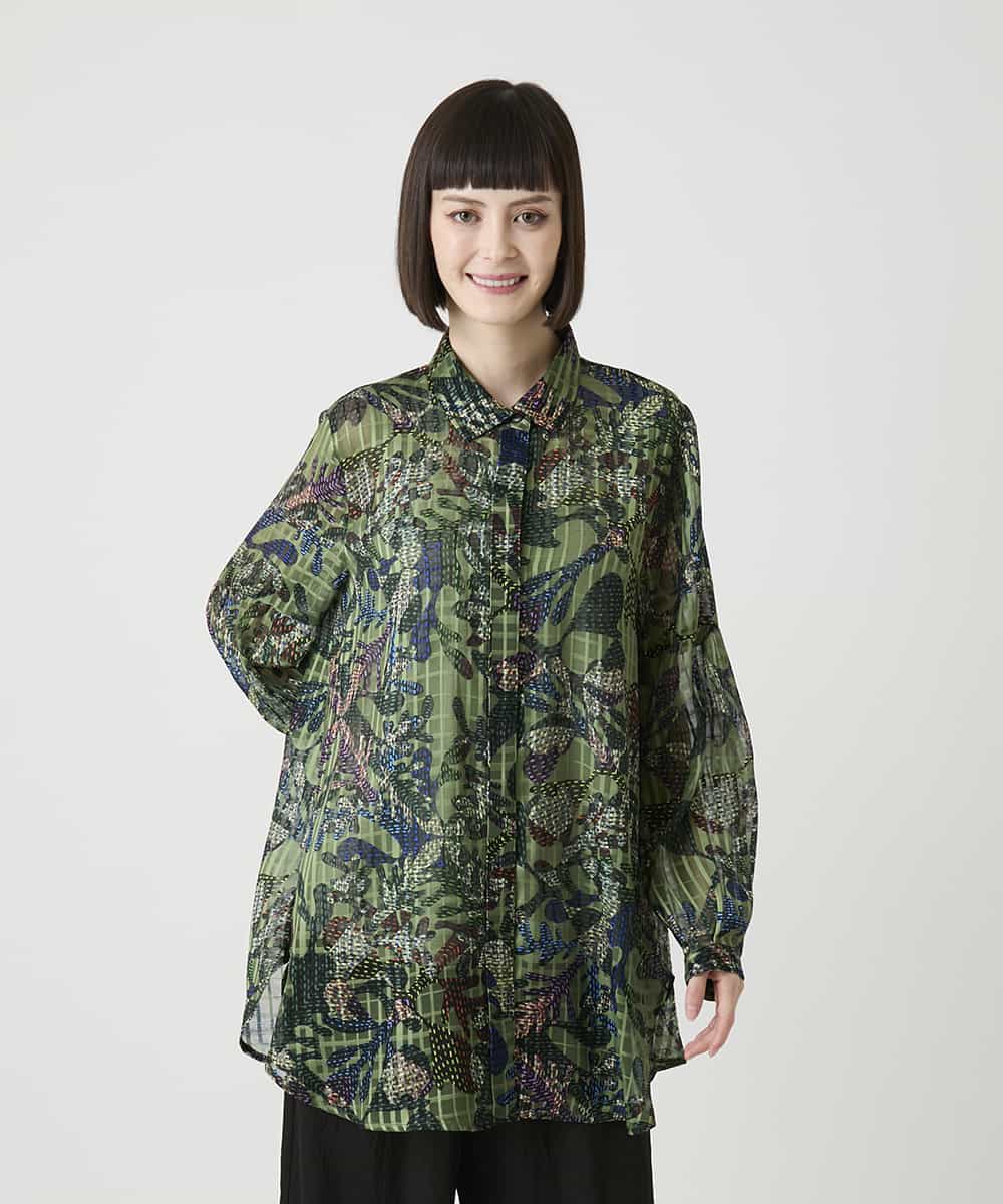 RBBLE18290 HIROKO BIS(ヒロコ ビス) シアーチェックボタニカル柄ブラウス グリーン